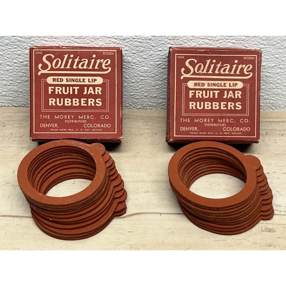Vtg 2 Boxes Of Solitaire Red Single Lip Fruit Cannig Jar Rubbers 23 Pieces NOS